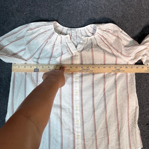 Madewell Smocked Button Front Striped Swiss Dot Top White Brown Blue Small - Picture 8 of 9